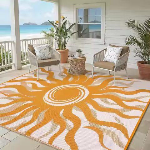 Waterproof Reversible Outdoor Rug 5x8 Boho Sun Pattern, Plastic Straw Mat for Patio Camping Deck Bea