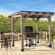 8x6 FT Wood Grill Gazebos, BBQ Wooden Gazebo with Hardtop Sloping Steel Roof, Wood Outdoor Pavilion 