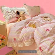 4 IN 1 Bowknot Print Lace Bedding Set For Gilrs Jacquard Soft Bed Sheet Set Duvet Cover Flat Sheet/F