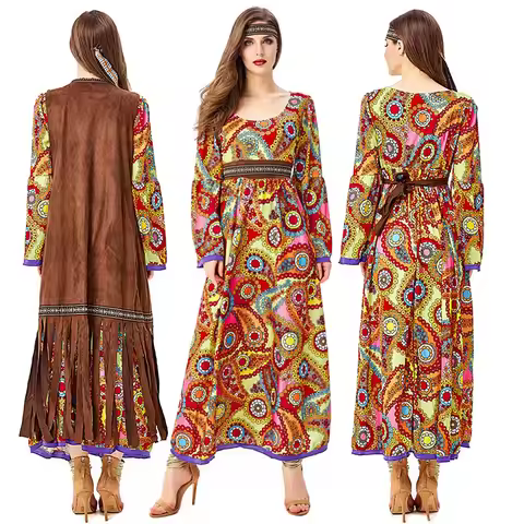 Halloween Women's 3pcs Waistcoat Headband 70s Retro Disco Hippie Costume Dress
