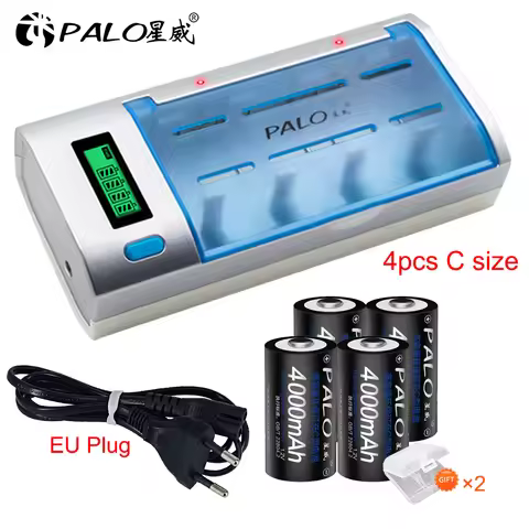 PALO 2-10pcs C Size Rechargeable Battery 4000mAh Type C R14 LR14 NIMH Battery+LCD Smart Charger for