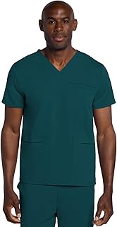 Men's V-Neck Scrub Top with 3 Pockets, High-Low Rounded Hem, and Back Yoke Seam for Comfort - CK719A