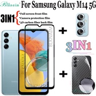 BLKNAIM(3in1) สำหรับ Samsung Galaxy M14ฟิล์มกระจกนิรภัยแบบเต็มจอภาพ5G + ฟิล์มเลนส์กล้องถ่ายรูป + ฟิล์มด้านหลังคาร์บอนไฟเบอร์3D