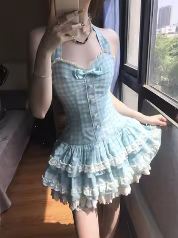 Women Sweet Mini Dress Halter Gingham Bow Button Front Lace Ruffle Hem Slim Fit Dress Cottagecore Lo