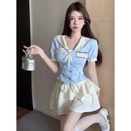 JK Uniform Suit - Short Sleeve Top & High-Waist Skirt Set
