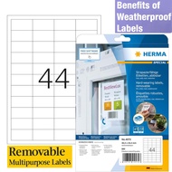 HERMA Self Adhesive Removable Film Labels, 44 Labels per A4 Sheet, 20 Sheets, 48.3 x 25.4 mm,Weather