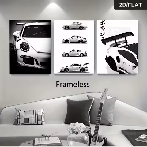 1 set of three frameless decorative paintings of Porsche sports cars, modern black and white car pos