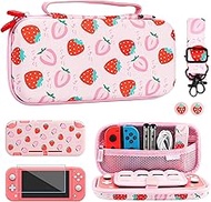 FUNDIARY Pink Carrying Case for Nintendo Switch Lite Accessories, Travel Case Bundle for Switch Lite with Soft TPU Cover, Adjustable Shoulder Strap, Screen Protector and 2 Thumb Caps - Strawberry