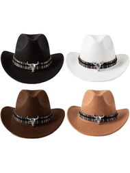 1頂中性西部牛仔帽經典寬邊牛仔帽，配銀牛頭和彩色條紋布裝飾，附黑色實心帽架以防止變形，是男女派對和Cosplay的完美禮物
