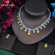 SEQUITO Brilliant Cut AAA+ CZ Square Tassel Choker Necklace Earrings Women Luxury 18K White Gold Plated Wedding Jewelry Set Bridal Accessories SJ-120