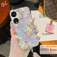 Case Oppo Reno 8T 5G 4G Reno 8 7 Pro 5G 4G Reno 7Z 8Z 5G Reno 8 Pro 5G Rhinestone Bling Glitter Case 3D ins Luxury Pearl Shiny Rose Flower Phone Case For Lady Girls