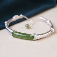 S925 Sterling Silver Bracelet Natural Hetian Jade Festival High Ethnic Style Bamboo Bracelet Adjusta