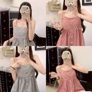 พร้อมส่งจากไทย (FYL5523) เสื้อสายเดี่ยว ลายสก็อต สีแดงดำ ทรงลวมๆปลายปล่อย