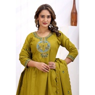 READY STOCK M - 5XL CORAL BELL'S Beautiful Embroidery In Dhabu Cotton Fabric Kurtis Pants And Dupatt