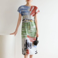 ✙ Aiden001 One Size Summer Pleated Ink Printing Large Size Loose Slim Round Neck Mid-Length Dress 31