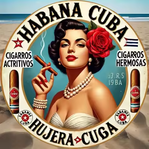 Vintage Habana Cuba Cigar Pin Up Girl Retro Metal Wall Art, Round Havana Cigarros Decorative Tin Sig