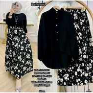 Setelan Rok Plisket Atasan Kemeja Bahan Rayon Twil LD 110 Motif Bunga - Dewasa, Kancing, Panjang, Ku