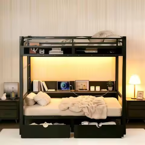 Twin XL Metal Bunk Bed with Storage, USB/LED Lights, Convertible Lower Sofa Bed, Full-Length Guardra