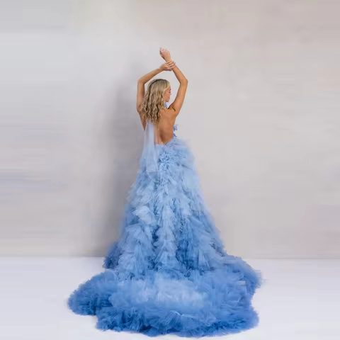 Ombre Blue Formal Dresses Ruffled Floral Backless Special Occasion Women Prom Party Dress Tulle Halt