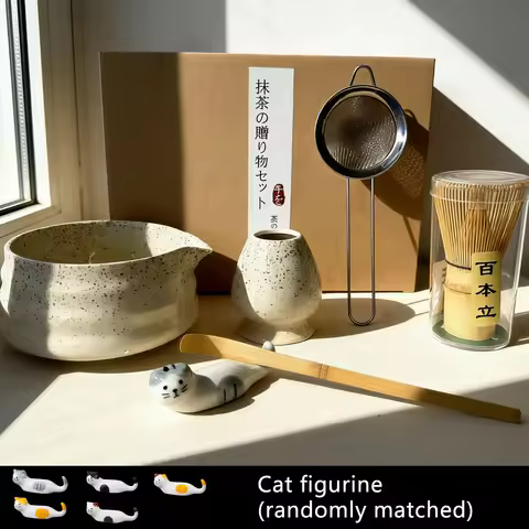 6-Piece Matcha Tea Set - Kiln-Fired Ceramic Bowl with Bamboo Spoon, Tea Whisk, and Tea Powder Sieve 