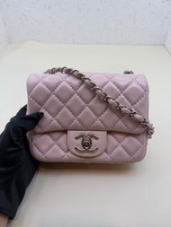 chanel 香奈兒 12開 粉色銀扣方胖子鏈條包 16cm