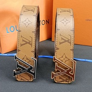 Retro Louis Witton double-sided coffee color printed two layer cowhide metal LV film buckle business men's youth belt