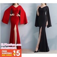 Korean Woman V-neck Split Long Sleeve Maxi Dinner Evening Dress Gown 190617