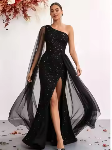 Elegant One-Shoulder Sequined Evening Gown Floor-Length Mermaid Skirt Lightweight Tulle Panel Perfec