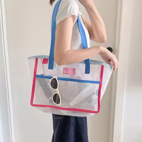 New Mesh Beach Tote Bag Large Capacity Foldable Mesh Beach Bag Breathable Reusable Swimming Tote Bag