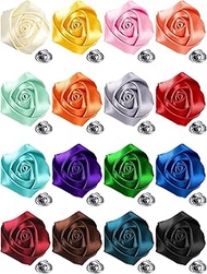 16 Pcs Satin Flower Boutonniere Pins Handmade Flower Men's Lapel Pins Set Rose Pin Flower Brooch Pin