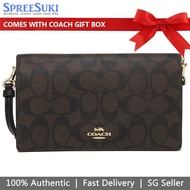 Coach Handbag In Gift Box Crossbody Bag Canna Foldover In Signature Canvas Crossbody Clutch Brown Black # 3036