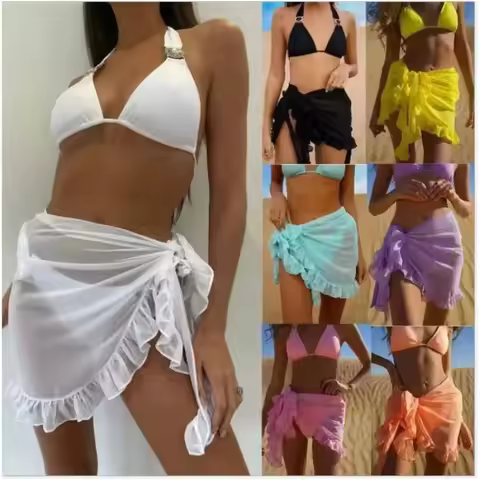 Beachwear Wraps Bikini Cover Ups Tassel Dress Bikini Summer Mesh Mini Ruffle Skirt for Women Candy B