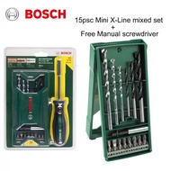 Bosch 15pc Mixed Mini X-Line Drill Set and Practical Manual screwdriver with ratchet function Metal Screwdriver set