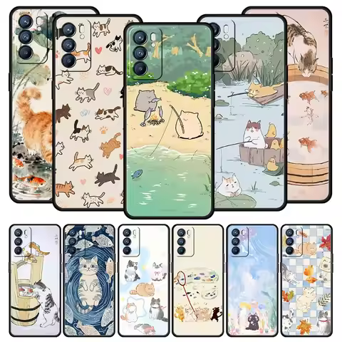 Cat Fishing Phone Case For Oppo Reno14 Reno13 Reno12 11 F 10 Find X5 X9 Pro A54 5G A53 A52 A9 A16 A7