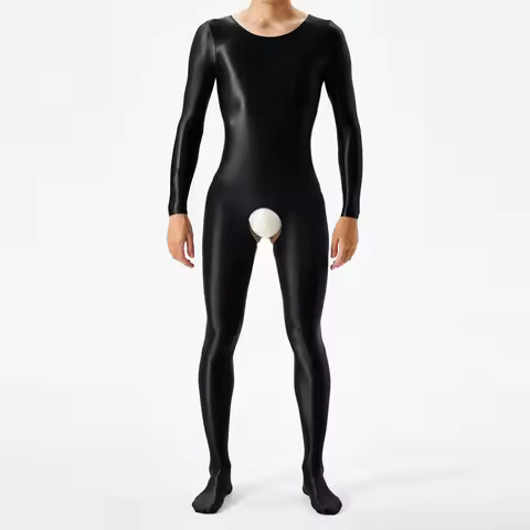 Men Bodystocking Glossy Sheer Open Crotch Long Sleeve Body Jumpsuits Crotchless Transparent Bodysuit