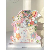 兔寶寶蛋糕裝飾擺件卡通花朵可愛小兔子女孩兒童周歲生日蛋糕插件