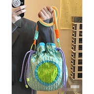 Korean Color Contrast Handheld One Shoulder Crossbody Bucket Bag Women's Mini Tote Bag Canvas Drawstring Bags