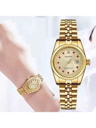 Proking女士防水全金色不鏽鋼石英手錶,商務和豪華風格,帶有日歷顯示,時尚優雅