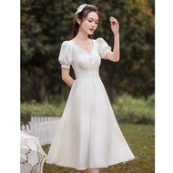 Maihouse Women's Designer Dress Square Collar Short Puff Sleeves Flared Shape With Buttons Cotton Wh