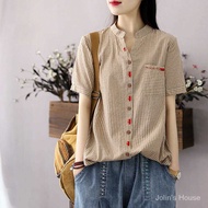 J928🦋🦋Pure Cotton Blouse Women's Retro Art Blouse Summer New Large Thin Stripe Shirt Stand Collar Th