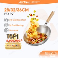 ALLTOU 316 Stainless Steel Frying Pan 100% Non-stick Uncoated Wok Thicken the Pot Bottom Gas Inducti