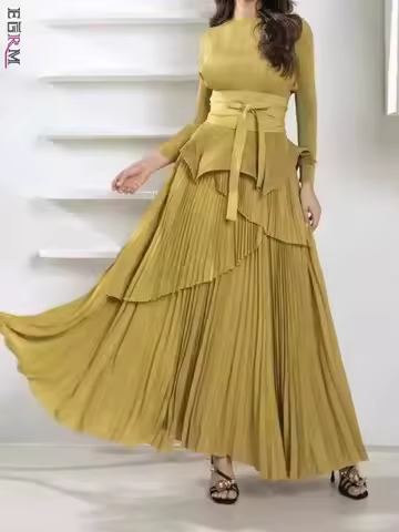 EGRM Fashion Party Pleated 2 Piece Set Women O-Neck Irregular Belt Gathered Waist Solid Long Dresses