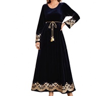Arabian Simple Navy Blue With Gold Embroidery Soft Velvet Abaya Dress Jubah - S