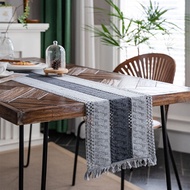Grey Color Crochet Cotton Linen Stripes Woven Tassels Table Runner Natural Material Wedding Party De