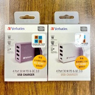 門市全新現貨‼️ Verbatim 4 端口 30W PD &amp; QC 3.0 USB 充電器（2色：黑 66892／白 66897）