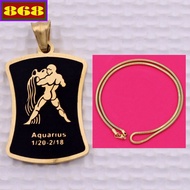 Aquarius - Aquarius gold stainless steel pendant with solid stainless steel chain necklace + stainle