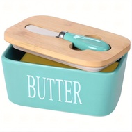 Large, Durable Ceramic Butter Dish Set with Bamboo Lid &amp; Knife, Quality Airtight Seal - Convenient for Kitchen Baking, Gifting, Countertop, and Refrigerator Use