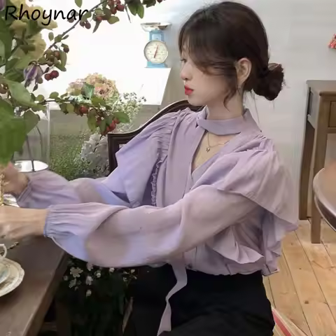 Purple Shirts Women Ruffles Temper Elegant Crop Designer Aesthetics Sweet Gentle Baggy Vintage Camis