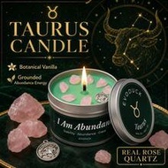 Zodiac Candle,Taurus Zodiac Crystal Scented Candles, Botanical Vanilla 3oz With Rose Quartz Crystals