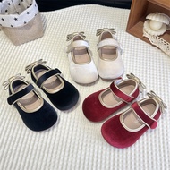 Girls Velvet Mary Jane Shoes Children Princess Performance Shoes with Back Bow-knot Soft Sole Bow-kn